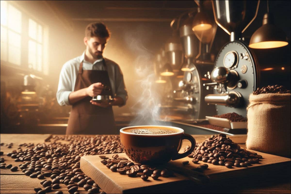 Maestro tostador de Cosecha Roja trabajando en el tostado de granos de café premium, con máquinas modernas y una taza de café humeante en primer plano.