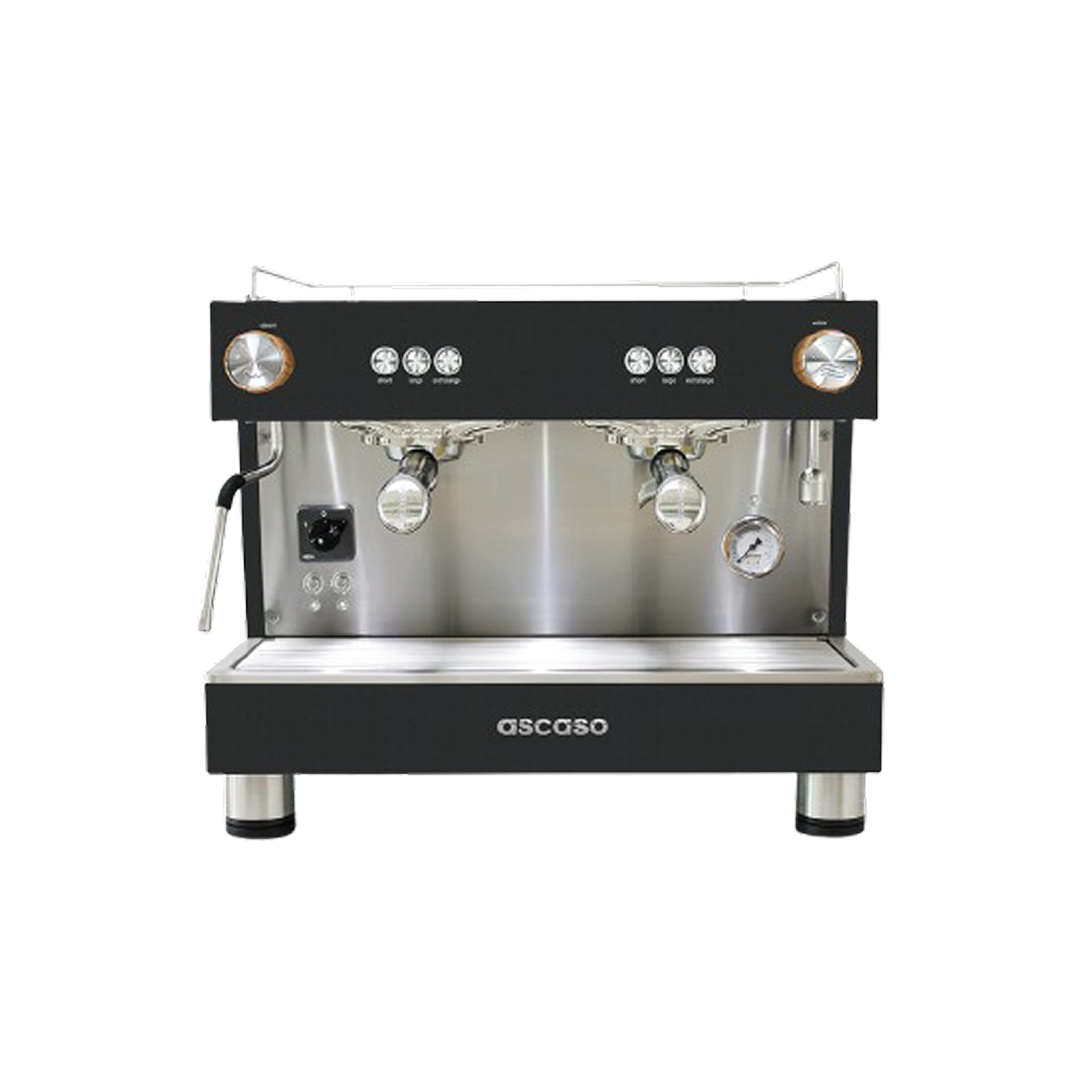 Cafetera espresso profesional Ascaso Bar One 2GR de dos grupos en barra de café.